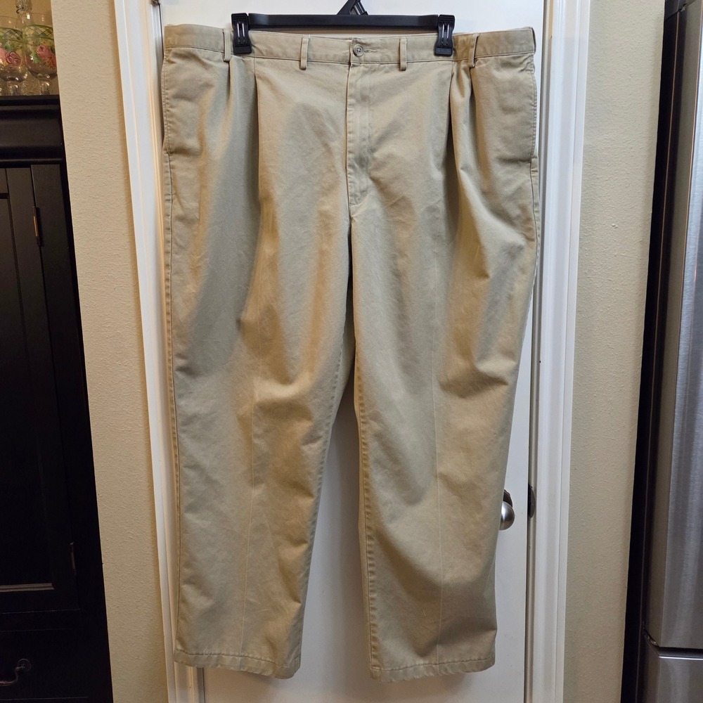 Lands End Mens 48 Tall Traditional Fit Pleated Chino Pants Khaki Tan Cotton